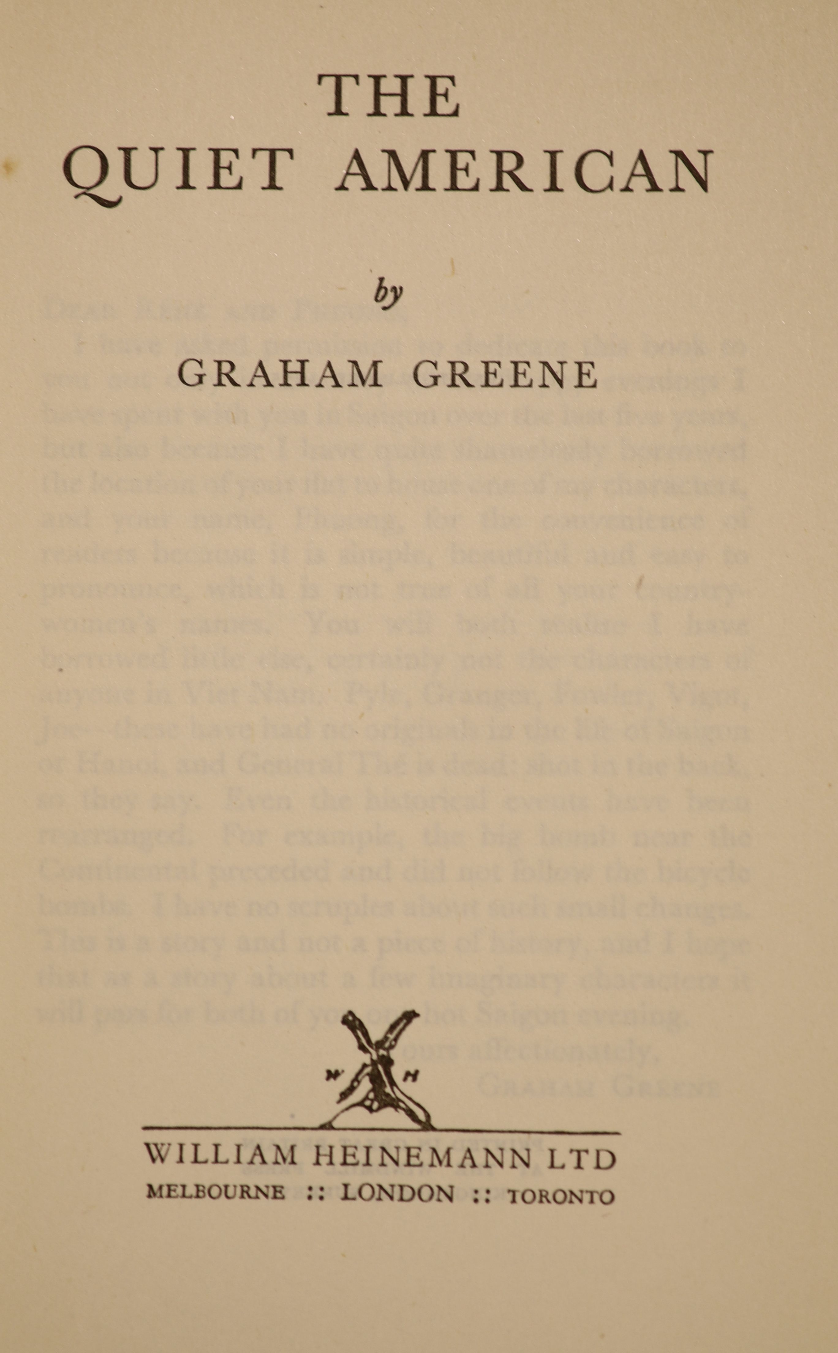 Greene, Graham - The Quiet American, 1st edition, original blue cloth, in unclipped d/j, chipped at head of spine, rear panel spotted, William Heinemann, London, 1955